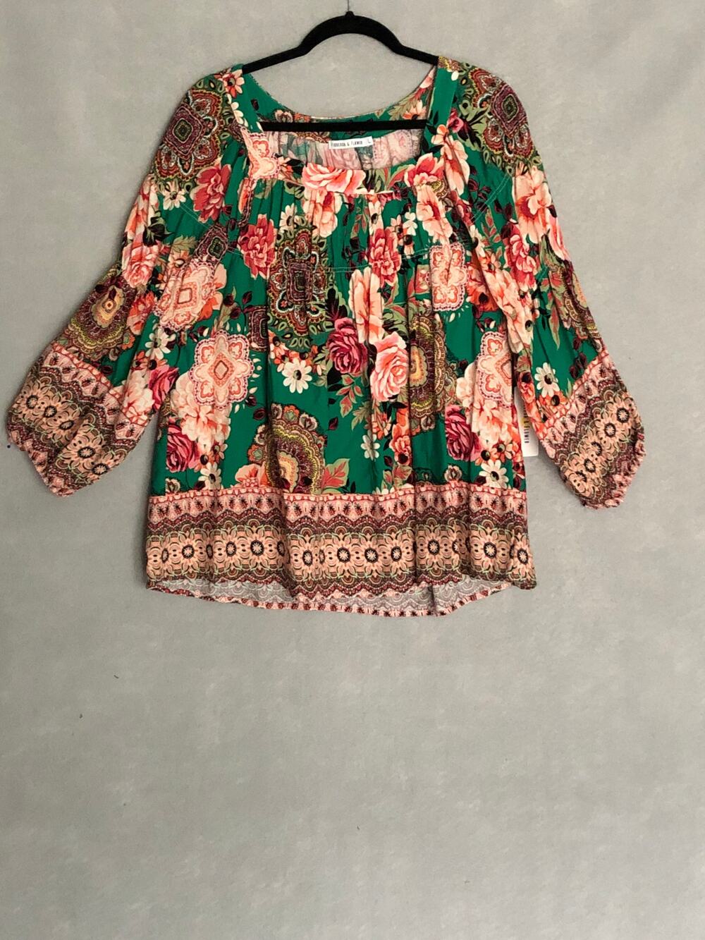 Figueroa & Flower Paisley/Floral Print Top Square Neck Women's Large NEW